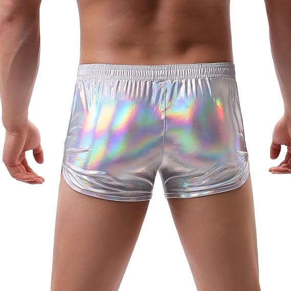 emerald metallic mens loose casual shorts featuring shiny silver holographic fabric with a reflective iridescent finish for a loose casual trendy look.