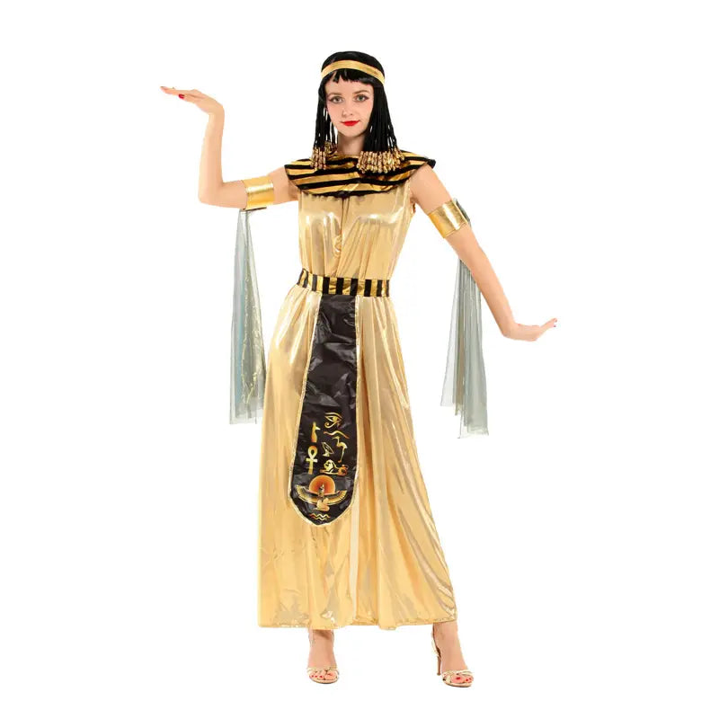 golden egyptian goddess halloween cosplay costume with black and gold striped accents, metallic fabric, and a decorative sash featuring hieroglyphs for costume masquerade cleopatra use