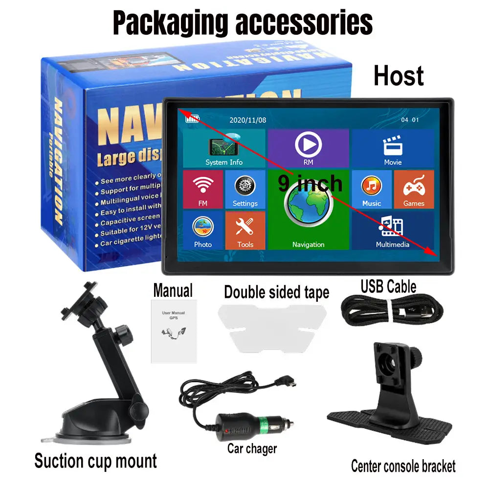 9-inch black touchscreen navigator car portable with capacitive screen and multiple function icons designed for car portable truck and portable truck large screen navigation.