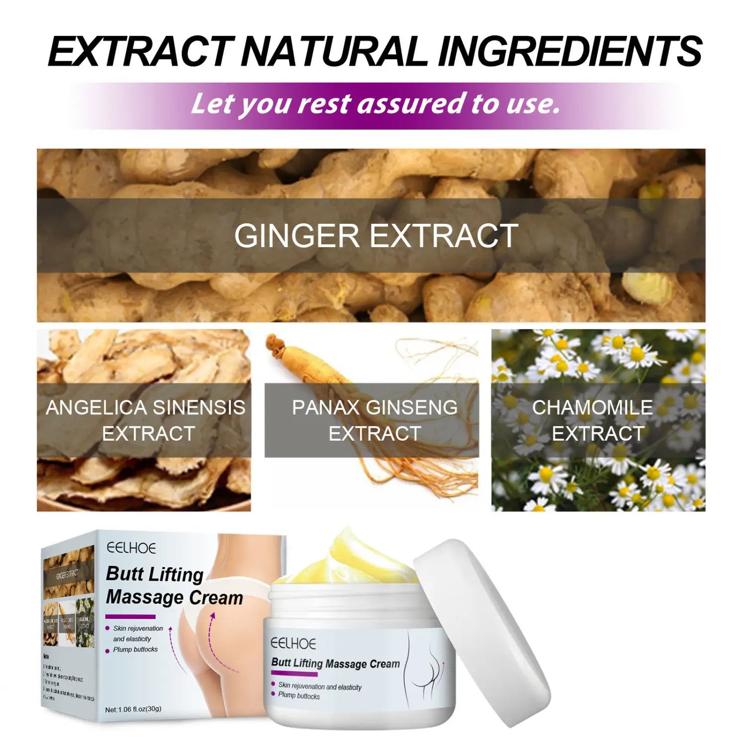 White jar of eelhoe buttock lifting massage cream with matching lid featuring a label highlighting natural ginger and ginseng extracts for lifting massage cream benefits.