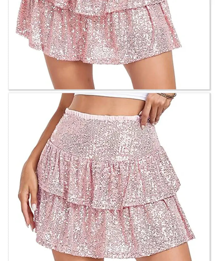 red two tiered sequin dance skirt featuring a pink sequined tiered mini design with ruffled layers and an elastic waistband perfect for sequin performance dance.
