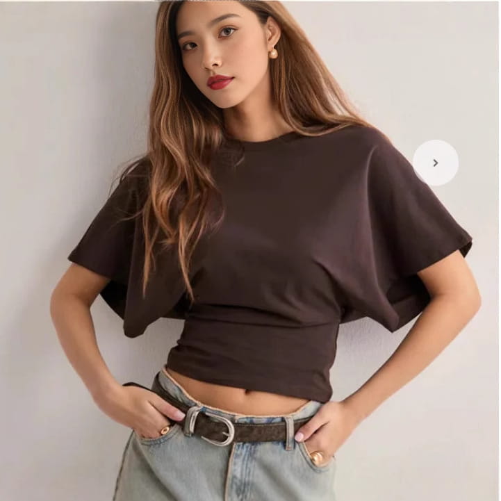 black cotton cropped top with wide flowing summer batwing sleeve made of soft fabric in ins fashion round neck style