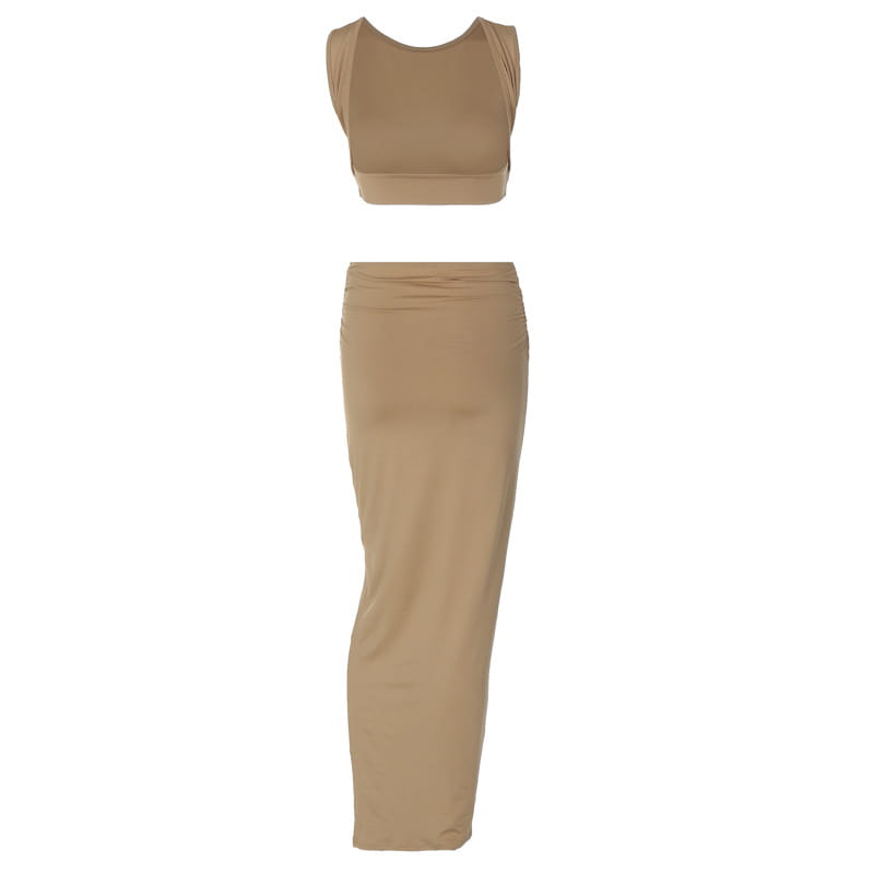 beige solid color women tank tops long two piece set featuring a fitted crop top with shoulder straps and a high-waisted form-fitting midi skirt