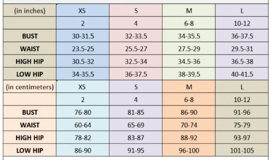 Size chart for white high neck chest scheming hip short skirt displaying measurements in inches and centimeters from size xs to l.