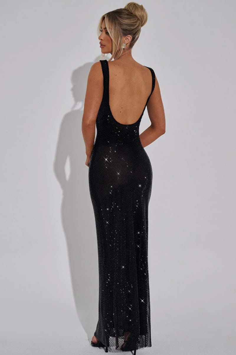 black sequined evening gown with a deep back cutout and shimmering star-like embellishments made of strap sequins net drill suspenders material.