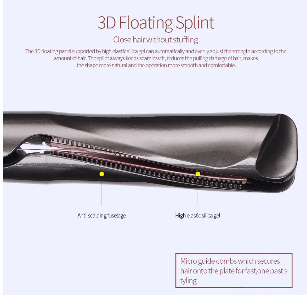 Black 3d floating splint gold ceramic flat iron hair straightener with high elastic silica gel plates and anti-scalding fuselage designed for curly hair care and long care straight results.