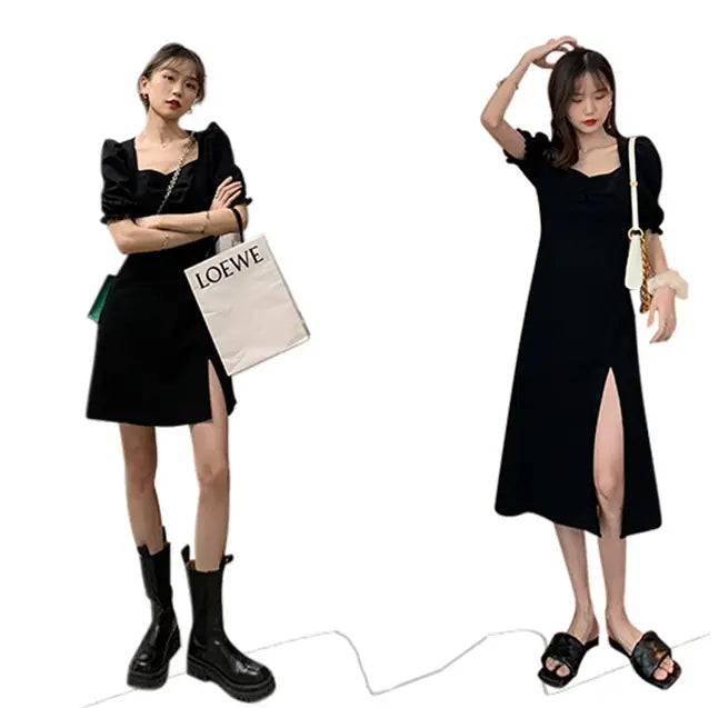 Black satin midi dress with a square neckline and three-quarter sleeves shown in a black dress image.