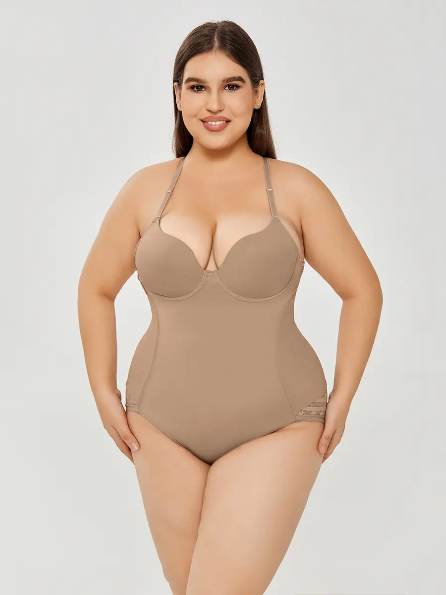 beige plus size ultra firm control bodycon shapewear bodysuit with thin straps and lace trim at the leg openings designed as a firm control body shaper swimsuit.