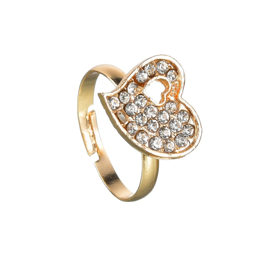 Gold-toned heart-shaped ring with clear rhinestones and a central cutout featured in a love jewelry set.