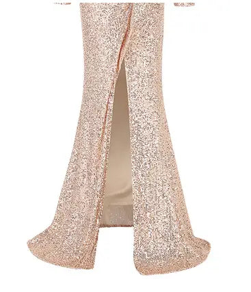 a shimmering rose gold sequined flared pant with a high slit and smooth inner lining for a fantasy celebrity sexy high slit sequined evening dress