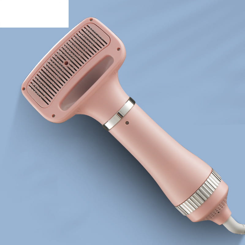 pink 5-in-1 pet hair dryer with grooming comb attachments featuring metallic accents for one-key hair removal and effective hair drying.
