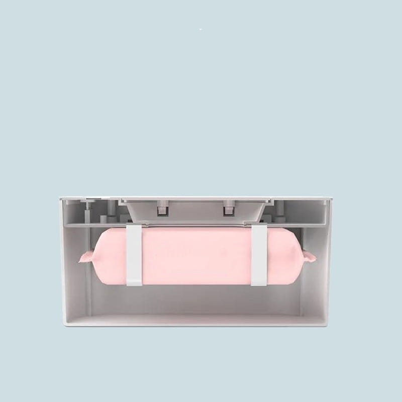 modern household baby wet wipes heater and dispenser showing a pink cylindrical filter with white straps housed in a gray plastic casing for optimal wet wipes quantity and preservation.