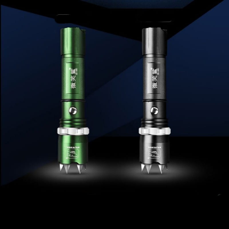 Green and black spiked tactical self-defense led flashlights with textured grips silver-colored metal accents and pointed tips designed for personal security.