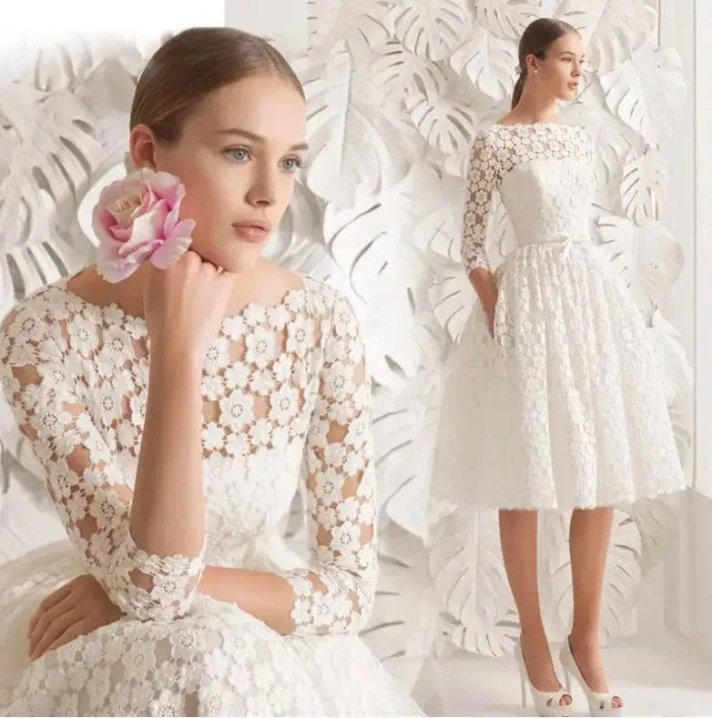 white lace floral wedding dress with three-quarter length party ladies small sleeves in large size