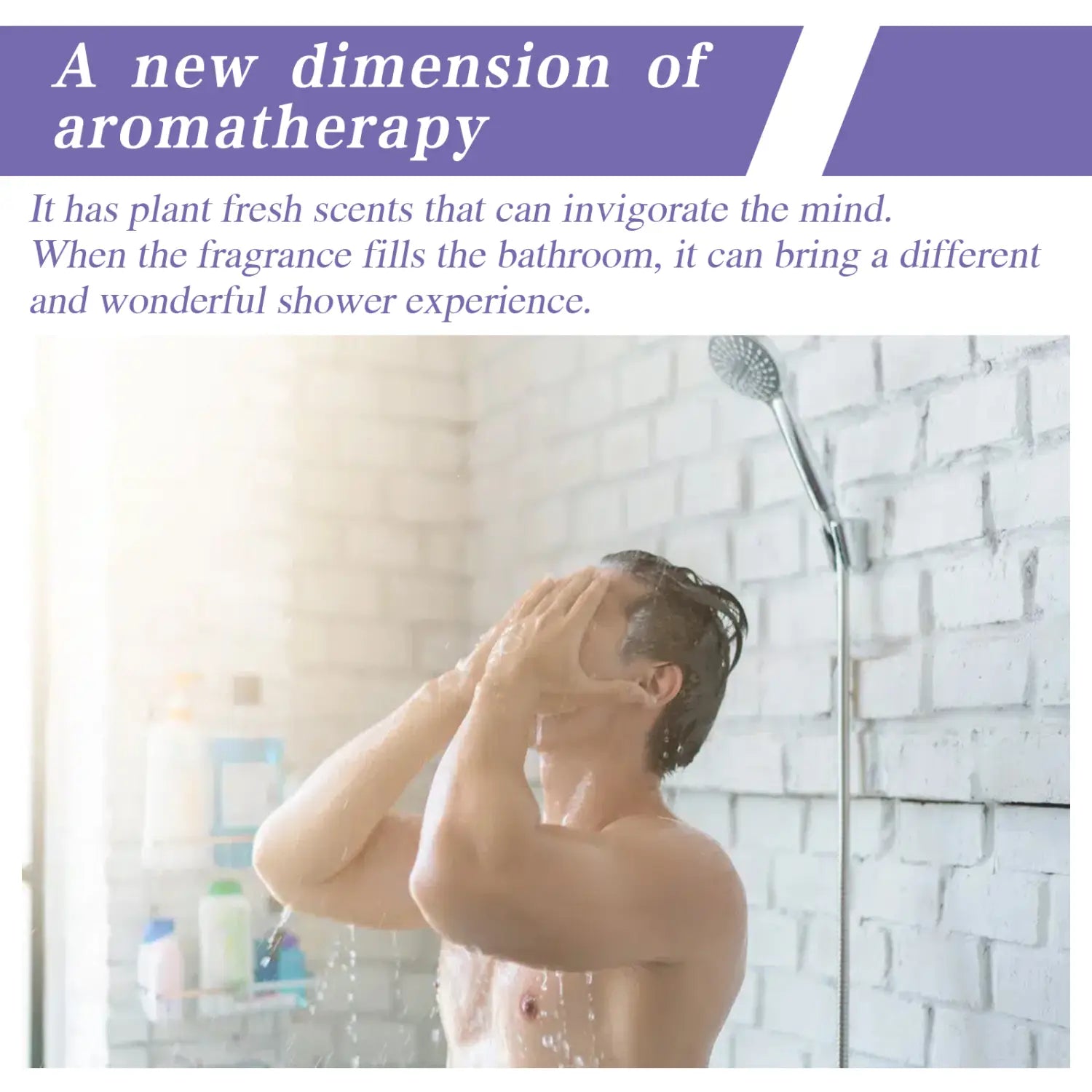 A sleek modern metallic showerhead with adjustable spray settings paired with lavender aromatherapy shower tablets for moisturizing skincare and body cleansing.