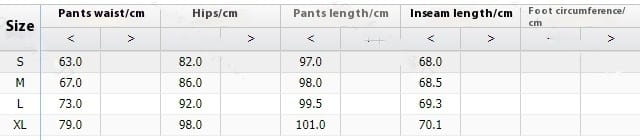 The image shows a size chart in centimeters for high waist metallic belt skinny pants available in sizes s, m, l, and xl.