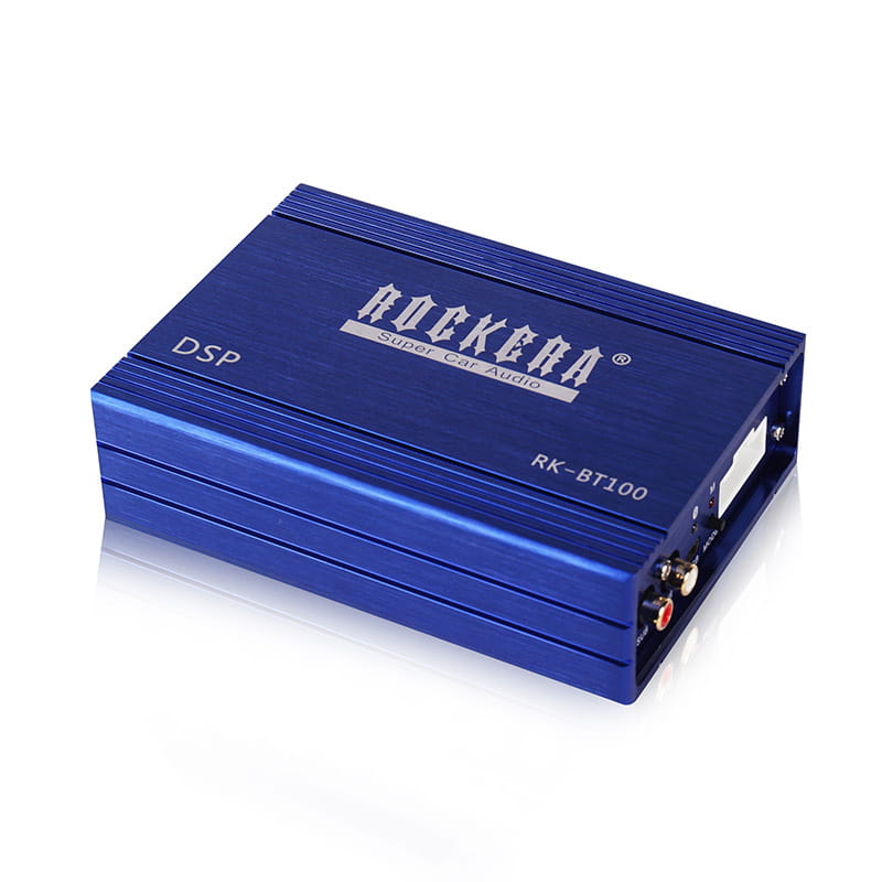 Blue Rockera rk-bt100 dsp car audio amplifier with a brushed metal finish and silver branding designed as a 4 channel car audio amplifier dsp audio processor.