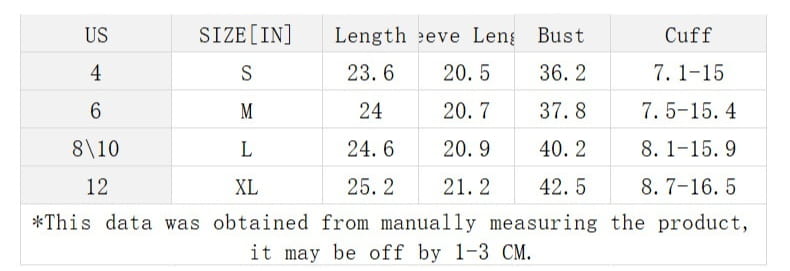 Size chart for a teal satin shirt asymmetric long sleeve top showing women’s us and international sizes with corresponding length, sleeve length, bust, and cuff measurements.
