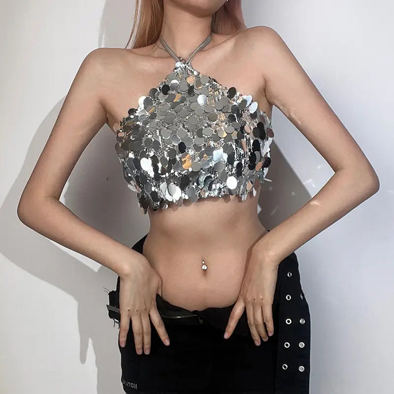 silver halter backless sequined vest featuring a shiny silver sequined halter top with a high neckline and strapless design