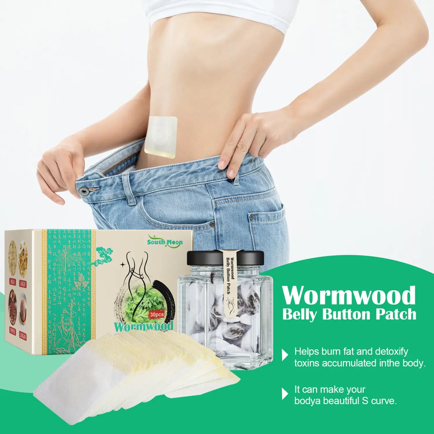 white rectangular wormwood herbal weight loss patch applied to the skin as a belly button weight loss patch