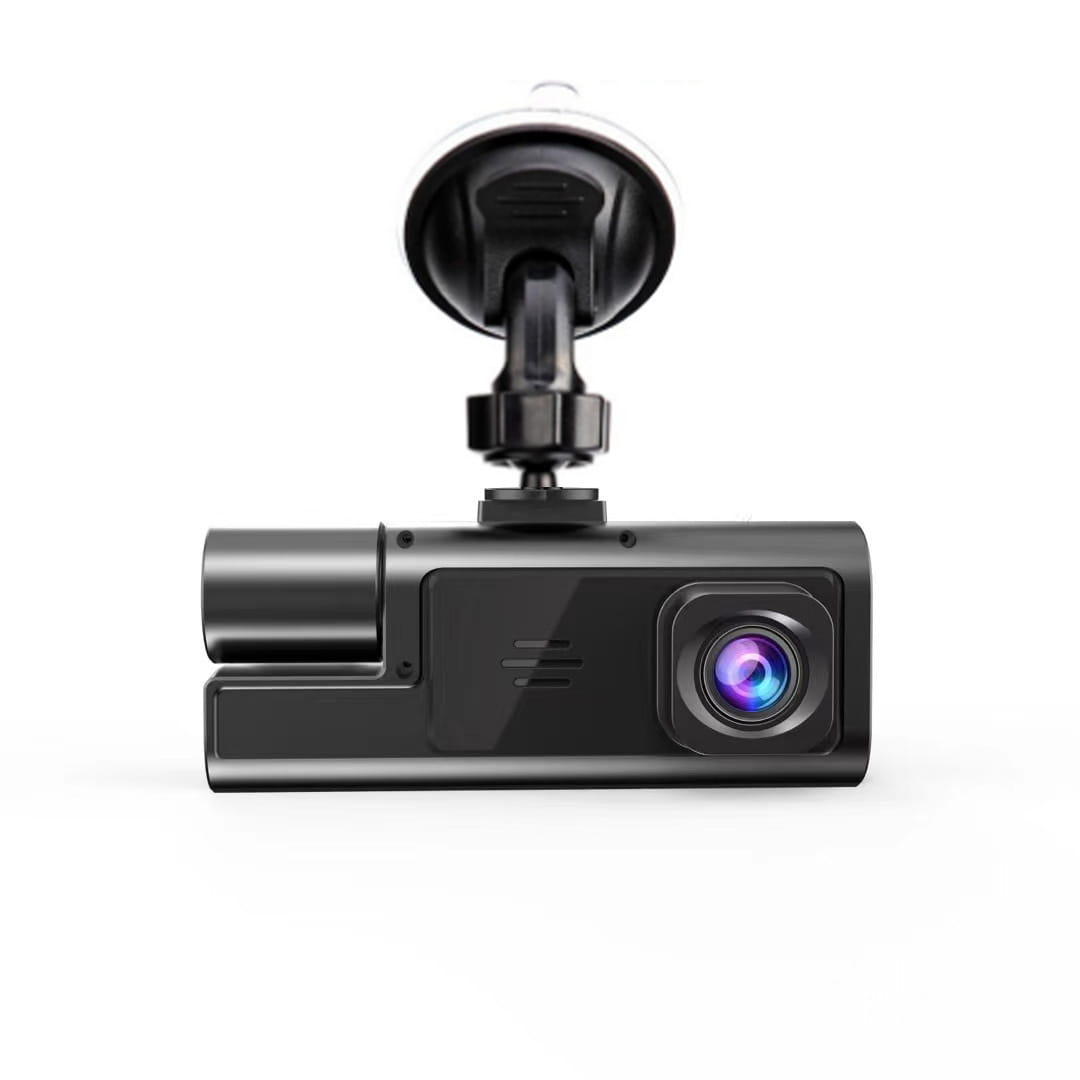 Black rectangular 1080p dual lens dash cam video recorder with a suction cup mount and a lens reflecting purple and blue hues.