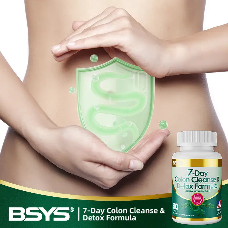 White bottle with gold and green label containing 7 day colon cleanse and detox formula capsules for effective detox formula use.