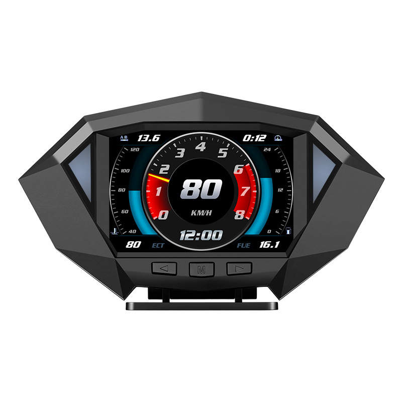 Black angular digital lcd instrument vehicle display with glowing speedometer and multiple vehicle metrics designed as an instrument vehicle hud head display.