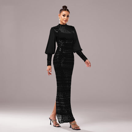 Long Sleeve Round Neck Sequins Slit Evening Dress - Royalessencelux
