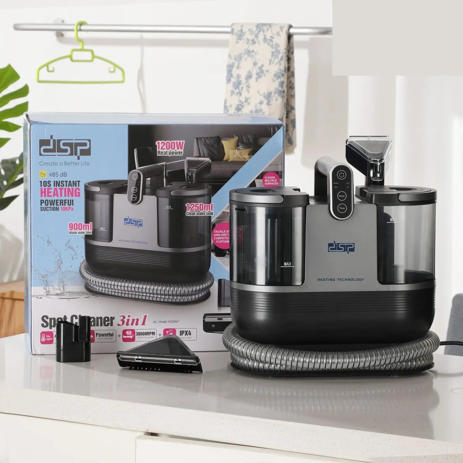 Black and silver DSP 3in1 stain removal cleaner with transparent water tank and flexible hose designed for cleaner carpet sofa use.