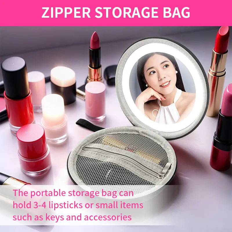Silver mesh zipper storage bag with built-in circular light mirror in a round bag blue and silver round bag mirror case