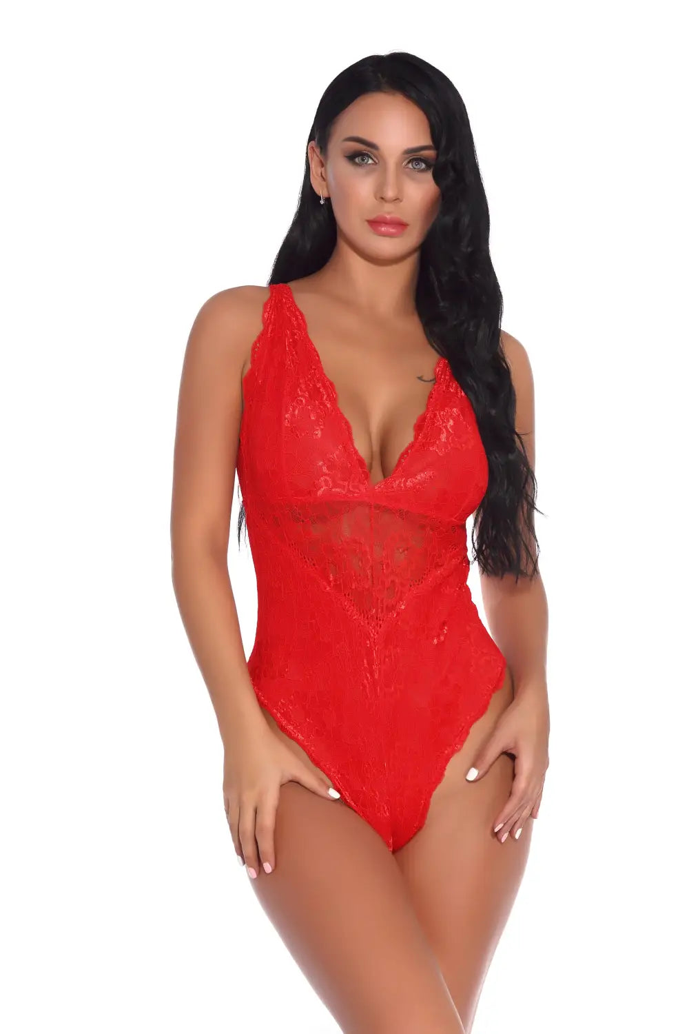 a vibrant red sleeveless halter plus size lace bodysuit featuring a deep v-neckline and intricate floral patterns