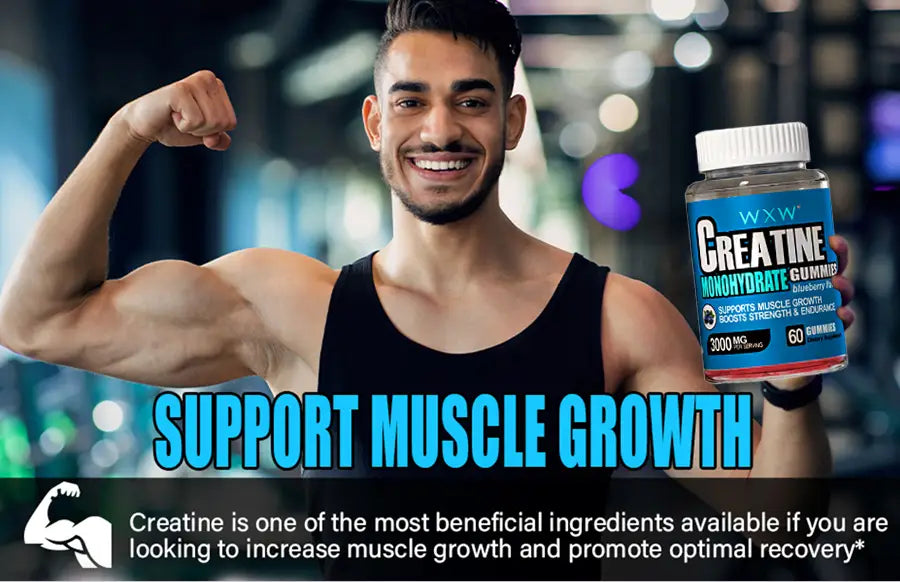 a clear plastic bottle with a white cap containing blue and white labeled blueberry creatine monohydrate gummies ideal for fitness enthusiasts seeking premium creatine gummies.