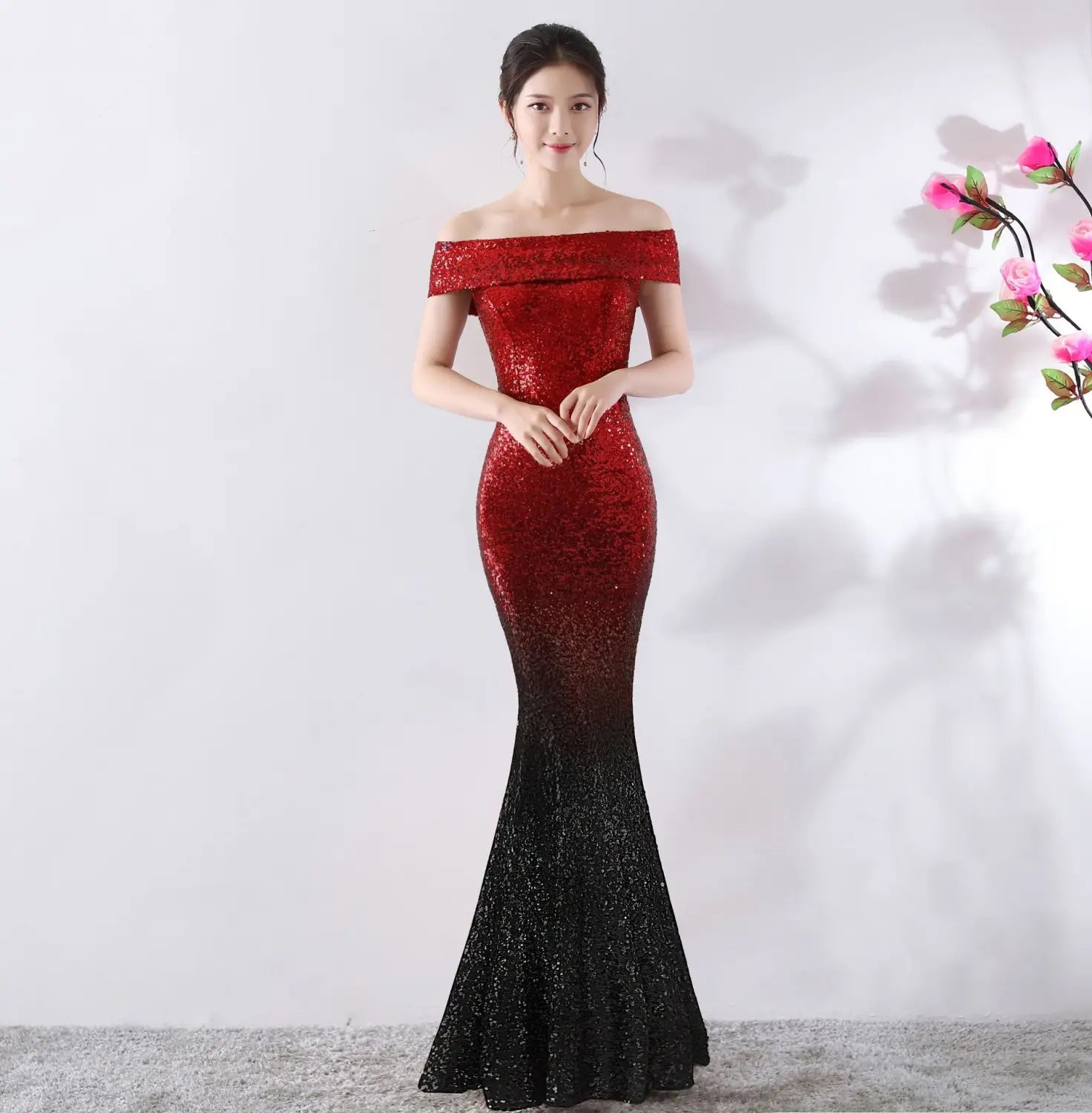 a shimmering red-to-black gradient sequined birthday party dress with an off-the-shoulder neckline designed as a slimming host gown in mermaid style