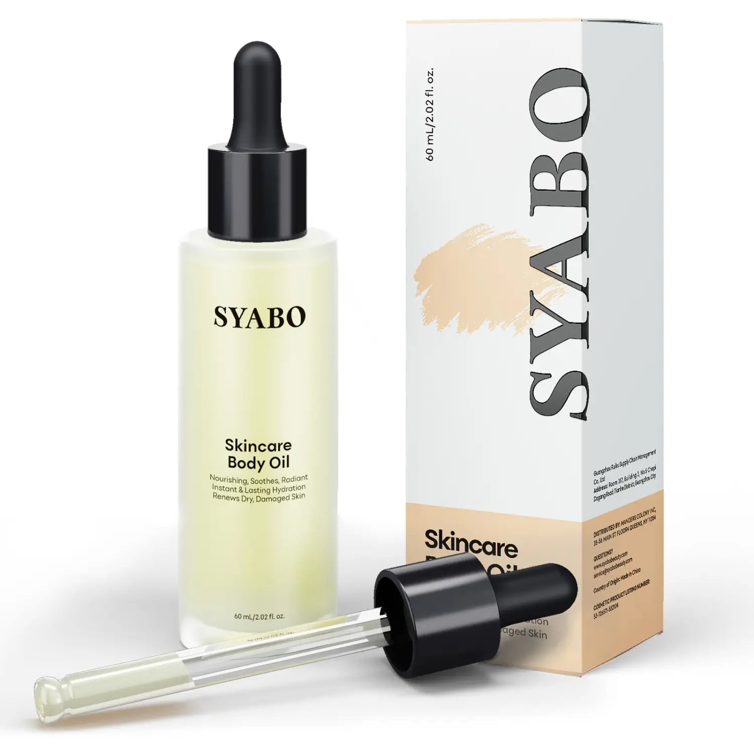 Syabo skincare body care essential oil in a clear glass bottle with a black dropper cap containing pale yellow liquid for body care essential oils use.