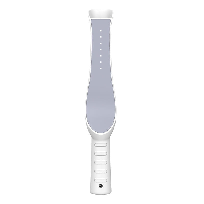 White handheld travel sterilization lamp stick with an ergonomic design and a gray heating panel featuring evenly spaced dots for effective steam distribution.