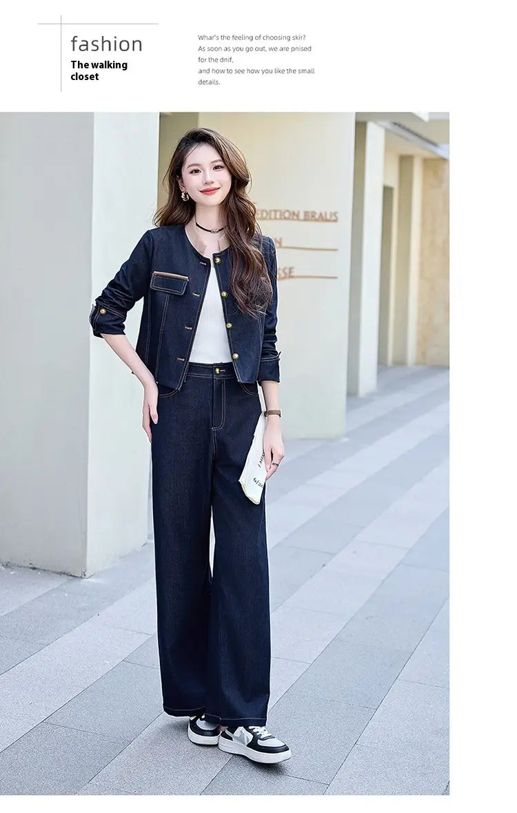 Dark blue denim casual denim jacket with button closures and patch pockets from the elegance retro casual denim jacket and pants set.