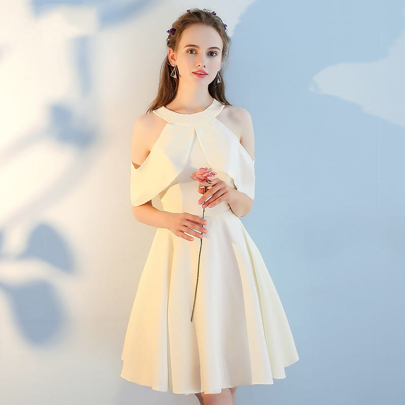 off-the-shoulder ivory satin cocktail dress with a flared skirt and structured bodice made from main fabric by pink short sisters