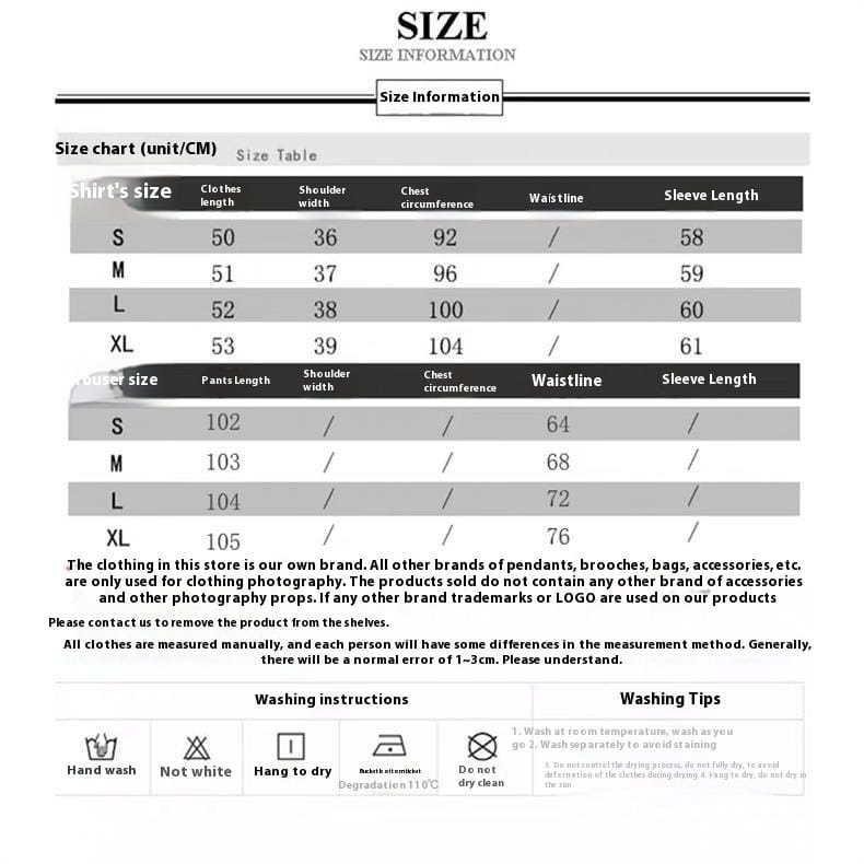 Size information chart in centimeters for youthful fashionable champagne satin western style shirts and trousers listing length, width, chest circumference, waistline, and sleeve length across sizes S through XL.