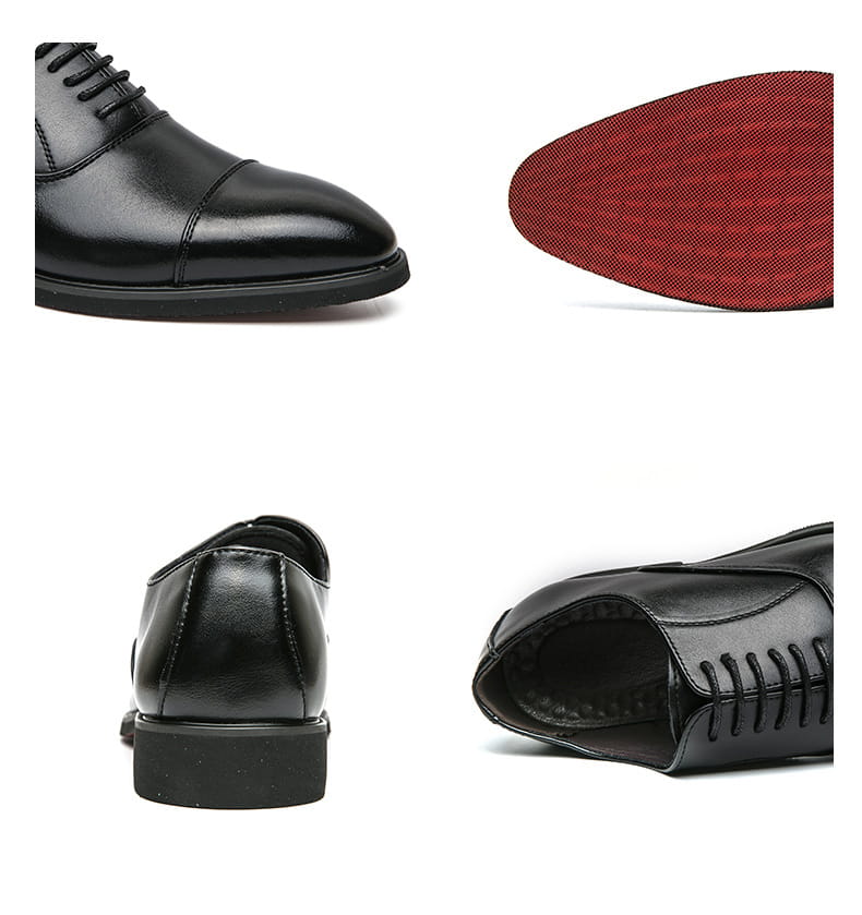 Black leather plus size casual dress shoe with polished finish and red textured insole for size casual leather use