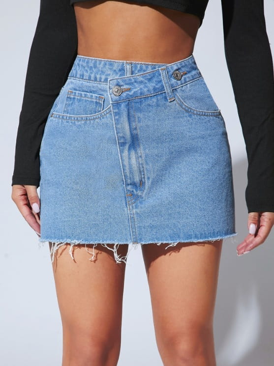 high waisted light-wash fashion irregular denim short skirt with frayed hem and classic front button closure