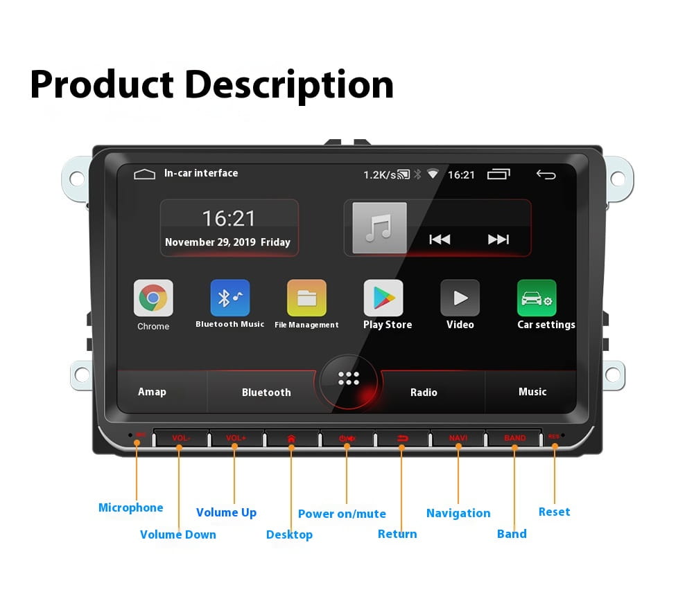 Black touchscreen car stereo with a sleek modern design featuring various function buttons below the screen for 9 inch android car bluetooth gps navigation integrated use.