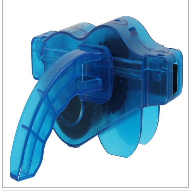 blue translucent plastic bicycle chain tool with a curved handle and integrated usb port included in a bicycle cleaning tool set featuring a large bristle for effective maintenance.