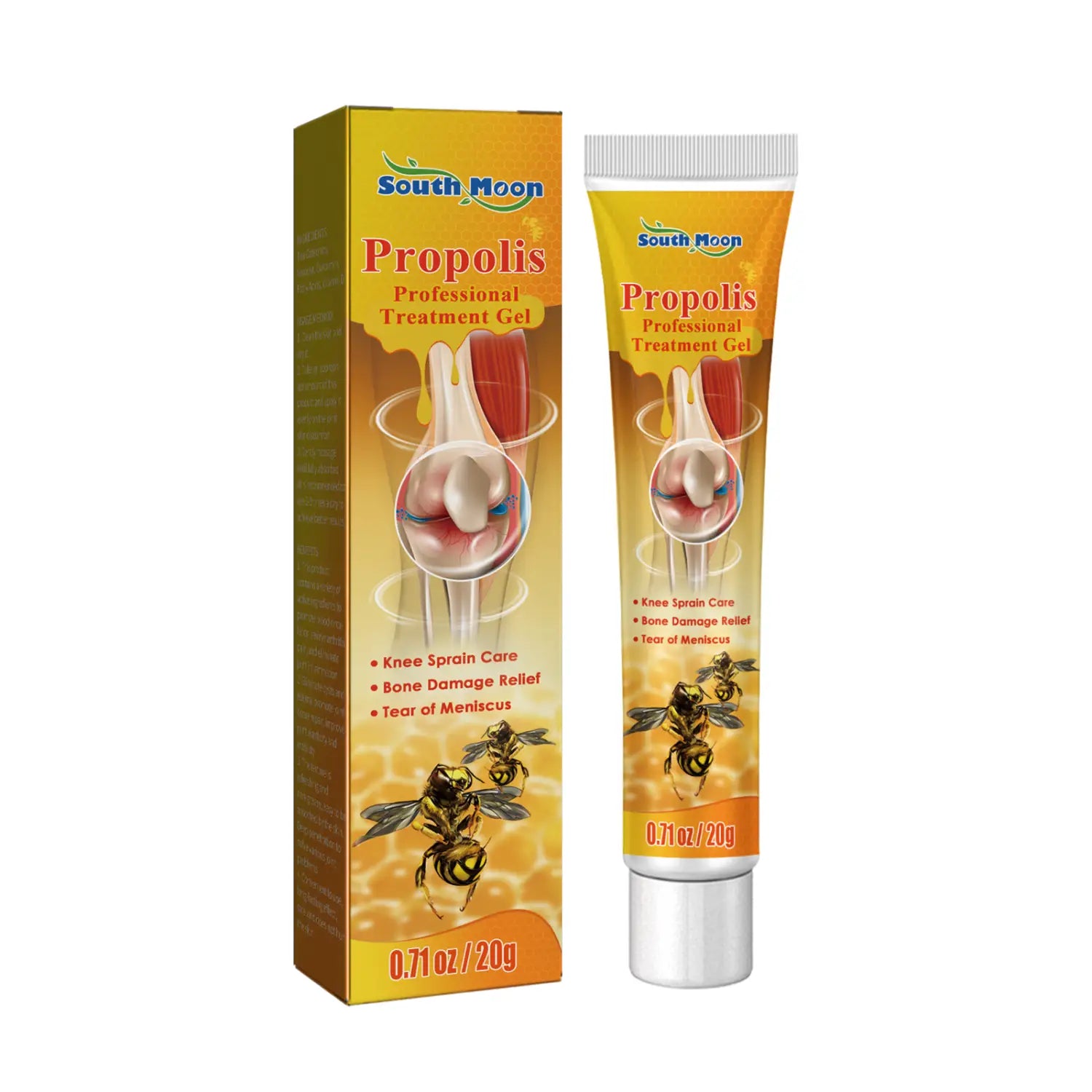 South moon propolis propolis joint care gel in a yellow tube with white cap and matching box featuring bee imagery designed for muscle pain and joint care benefits
