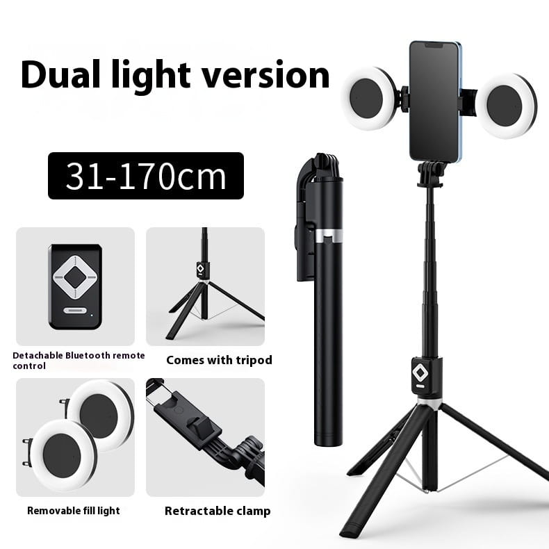 T11 rechargeable black selfie stick featuring a smartphone mount and dual circular ring lights for enhanced lighting.