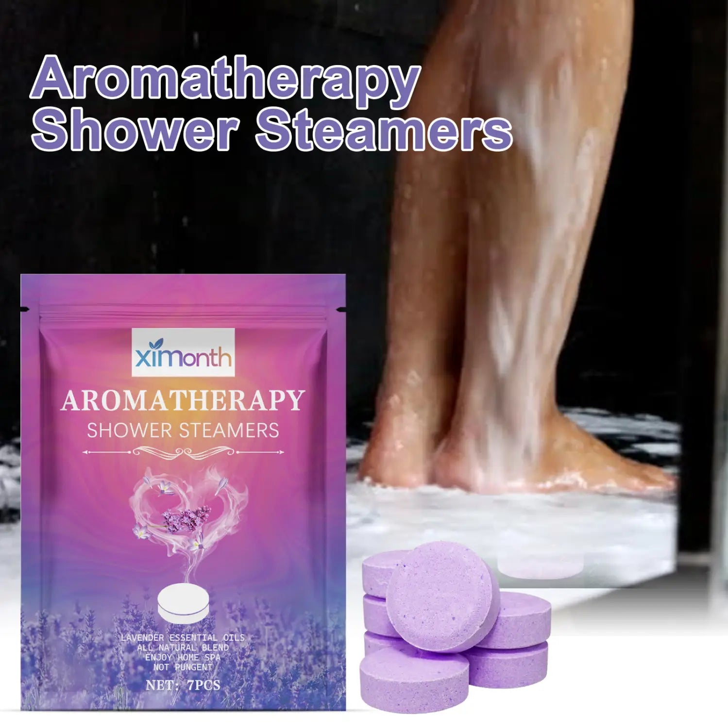 lavender aromatherapy shower tablets in a resealable pouch featuring purple lavender-scented body cleansing and moisturizing skincare tablets with an elegant heart design and essential oil imagery