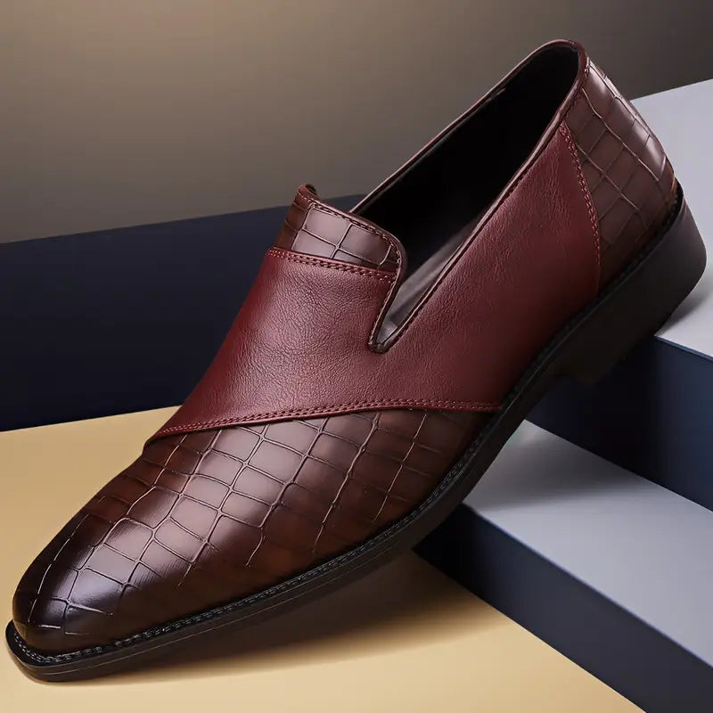 Burgundy leather shoes with crocodile embossed texture on the toe and heel and a smooth leather panel across the vamp designed as plus size british business dress leather shoes.