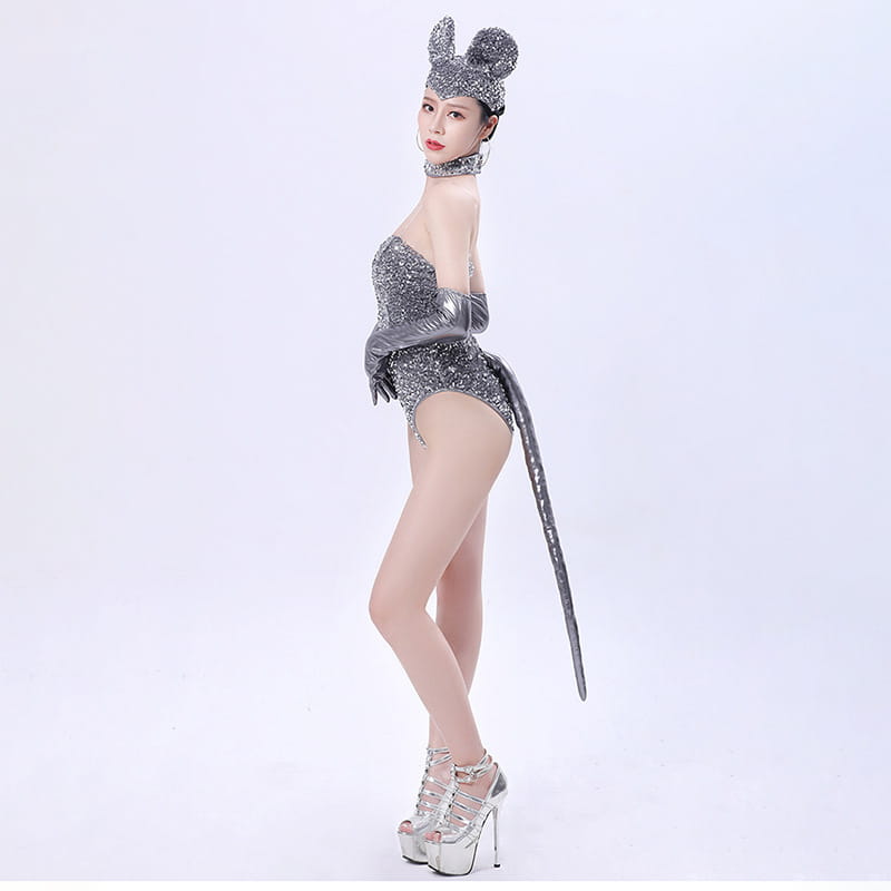 silver sequined mouse bar costume featuring shiny silver sequins with matching ears, tail, gloves, and high-heeled platform shoes, ideal for bar costumes sequined events.