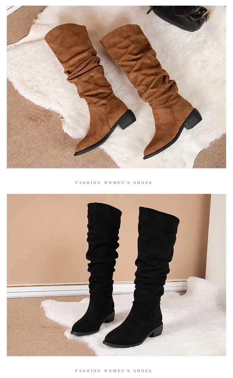 tan sleeve suede high knee-high boots with ruched design and black block heel for elegant wear.