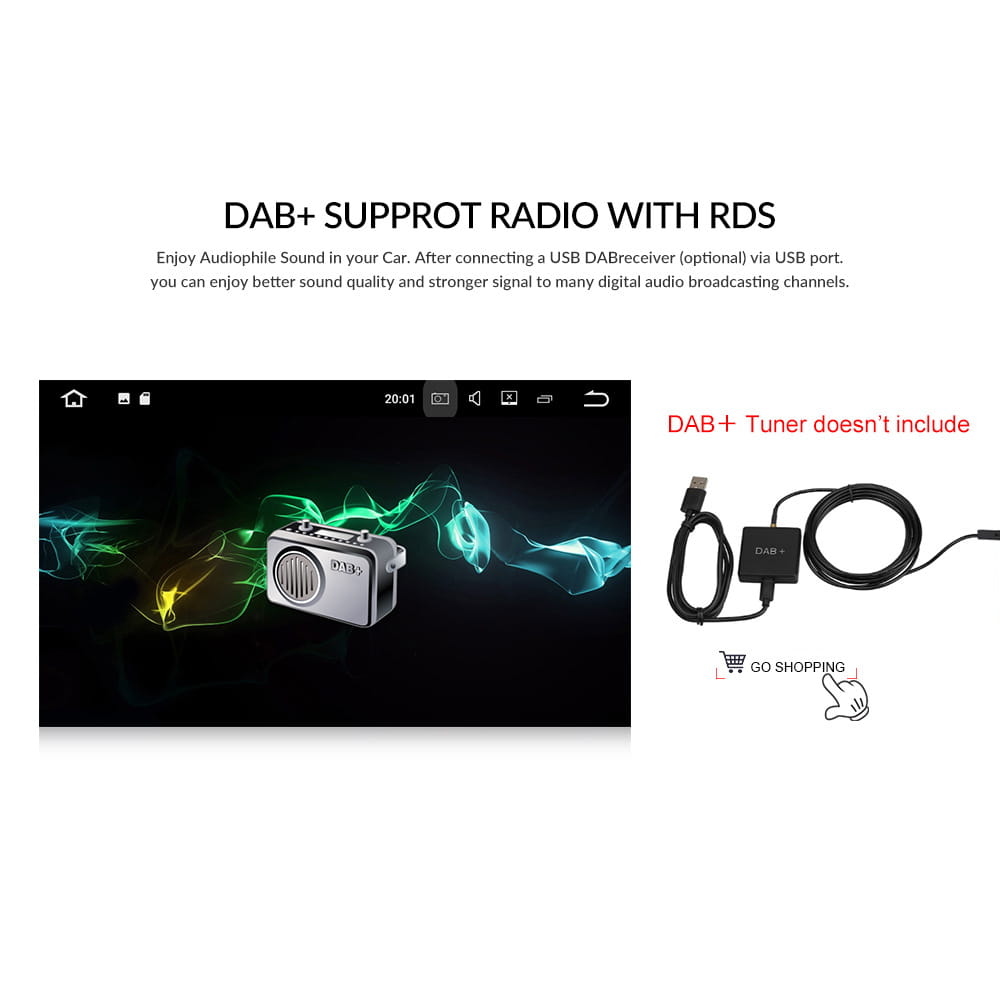 silver dab+ radio tuner with sleek compact design and small front speaker grille featured in a large screen vehicle video player navigator