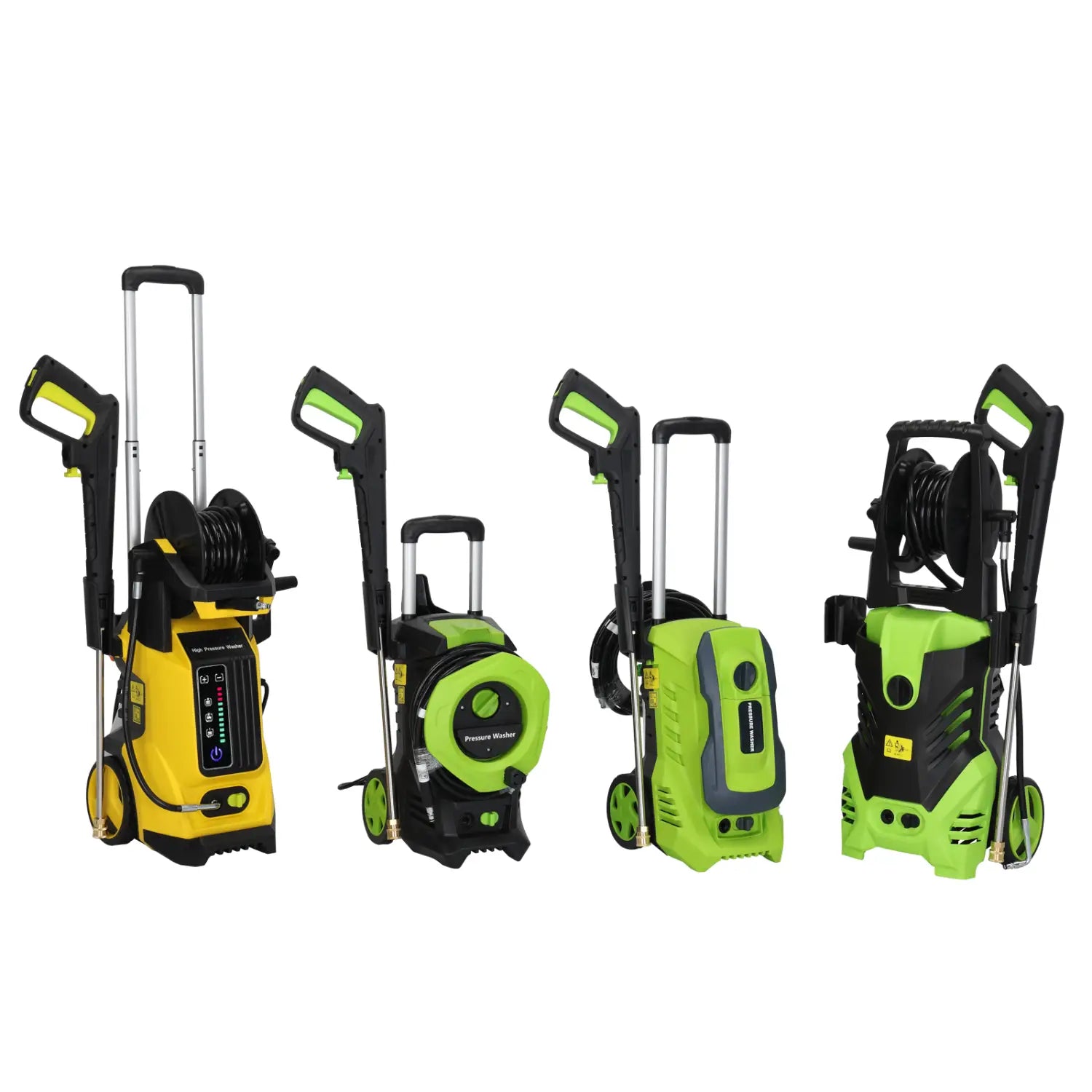 four portable high pressure cleaners in vibrant yellow and lime green with black accents, each featuring a wheeled base, handle for portability, and coiled hose